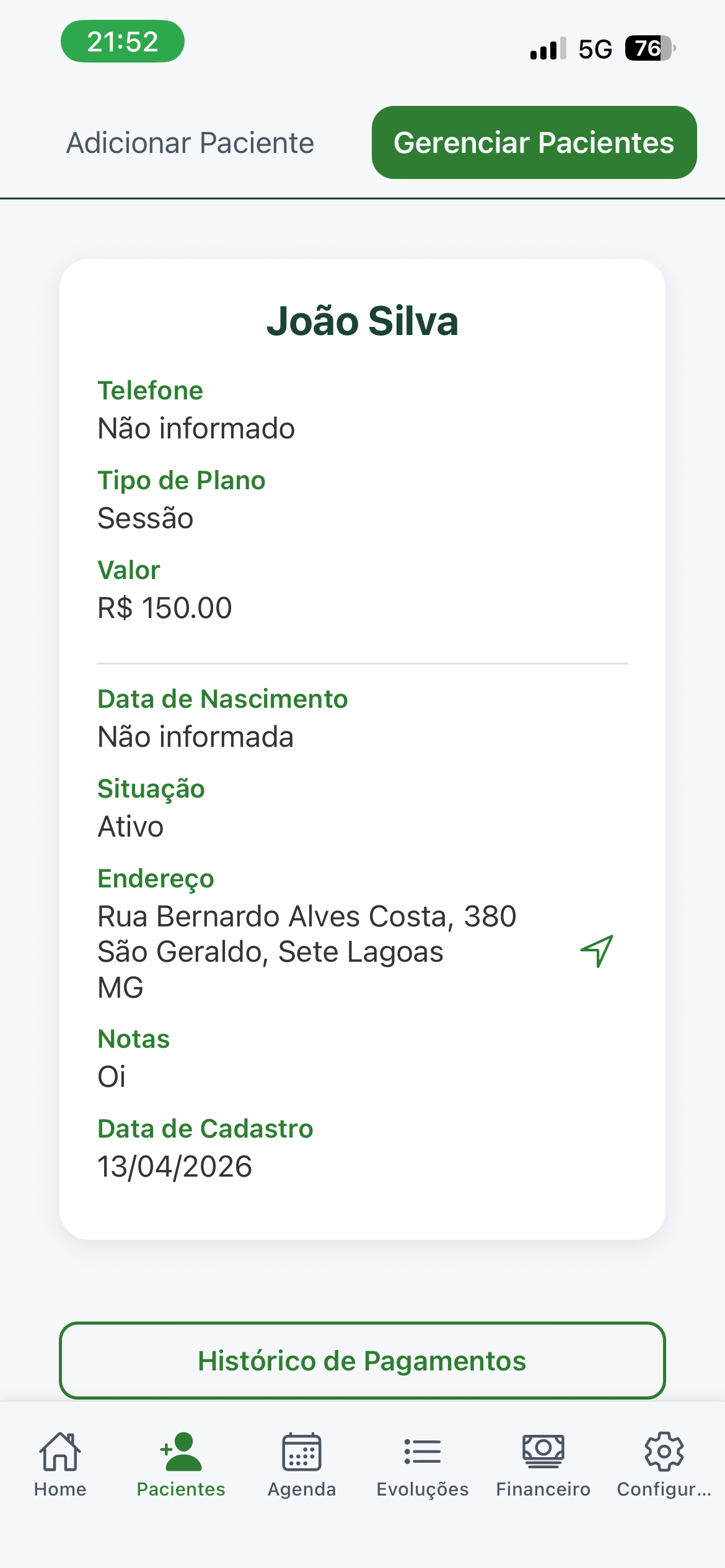 Ficha do paciente com endereço e botão de GPS